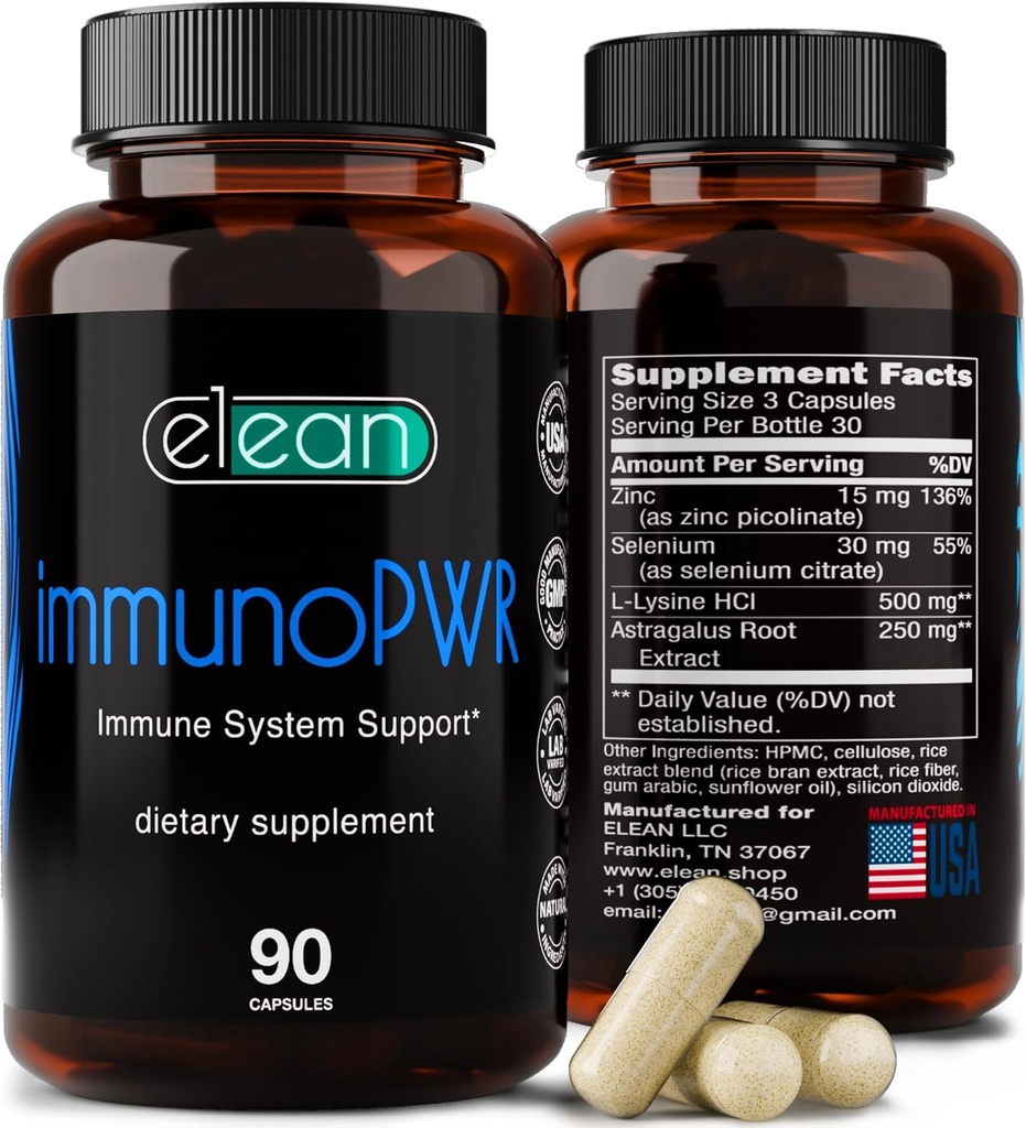 ELEAN Immuno PWR- enriquecido com Zinco, Selênio, Aminoácido Lisina e Astragalus Raiz Extrato para Síntese de Colágeno, Saúde da Tiróide, Suporte Mineral, Energia e Saúde Imune 90 Veg Cápsulas.