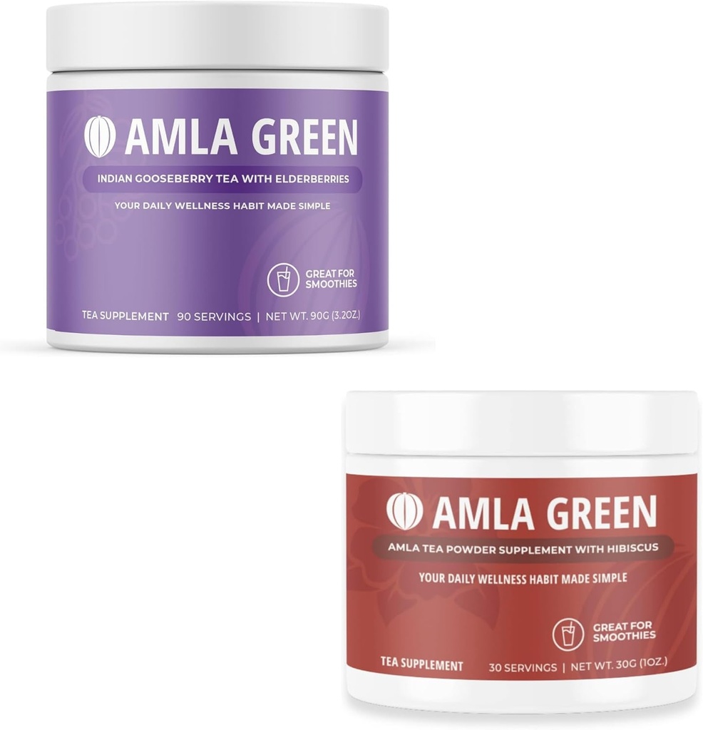 Amla Powder & Green Tea Superfood Supplement, Apoio antioxidante, Made with Elderberries (90 Servings) & Hibiscus (30 Servings), Orgânico, Vegan