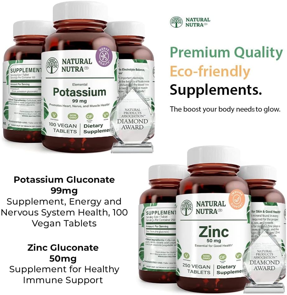 Natural Nutra Gluconato de Potássio 99 mg e Zinco Gluconato 50 mg Suplementos Ajuda a manter a imunidade e nível de energia, sem glúten, essencial para a boa saúde.