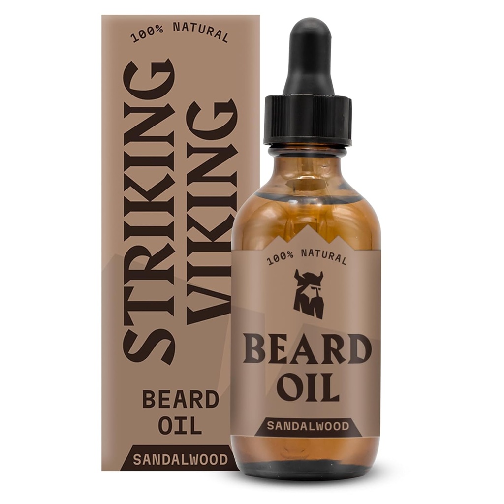 Striking Viking Sdalwood Beard Oil for Men - 2 Fl Oz, Sdalwood Scent - Natural Hydrating & Softening Beard Care with Argan, Jojoba, Ammond & Tea Tree - Fórmula não gordurosa, rápida de absorção