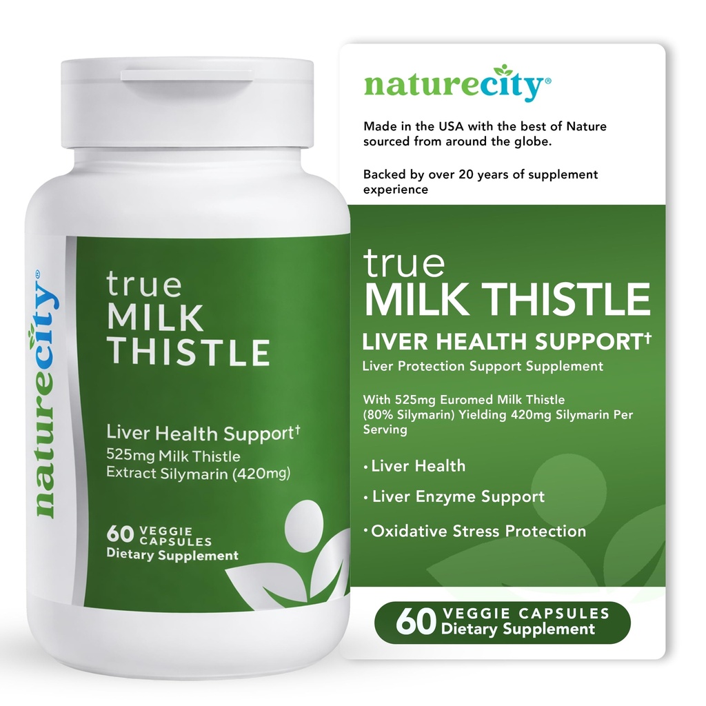 NatureCity TrueMilkThistle (Suplemento de cardo de leite) 525mg (80% silymarin) contendo 420mg de silymarin (Suporte antioxidante)
