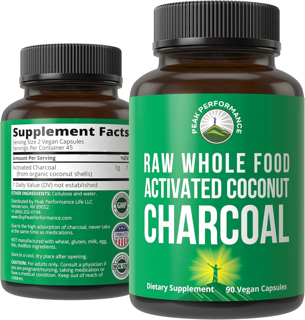 Peak Performance Activated Charcoal Vegan Cápsulas de Cascas de coco colhidas selvagens. Melhor seguro Charcoal Pills Suplemento para detox, alívio de gás, Bloating. para homens e mulheres 90 Todos os comprimidos naturais
