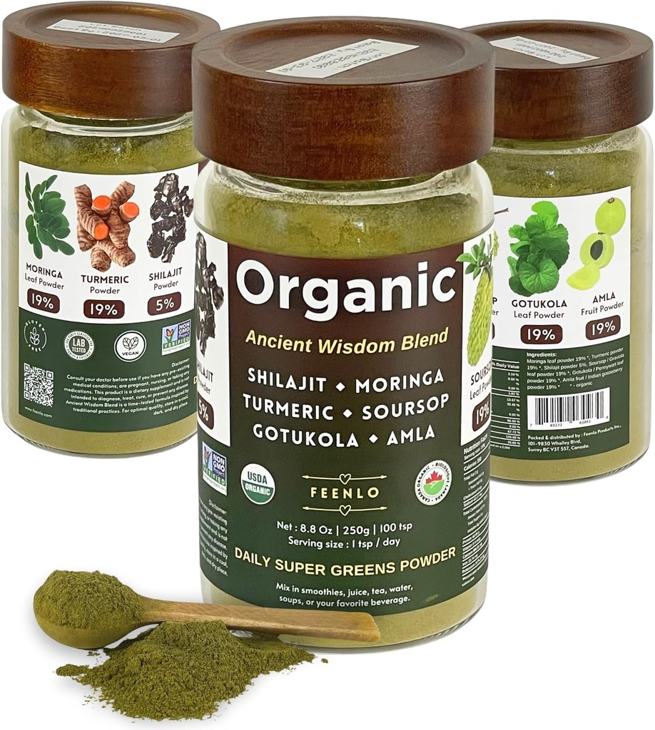 Não-GMO orgânico Moringa, Shilajit, Açafrão, Soursop, Gotukola, e Amla Green Juice mistura em pó, 3 meses de fornecimento