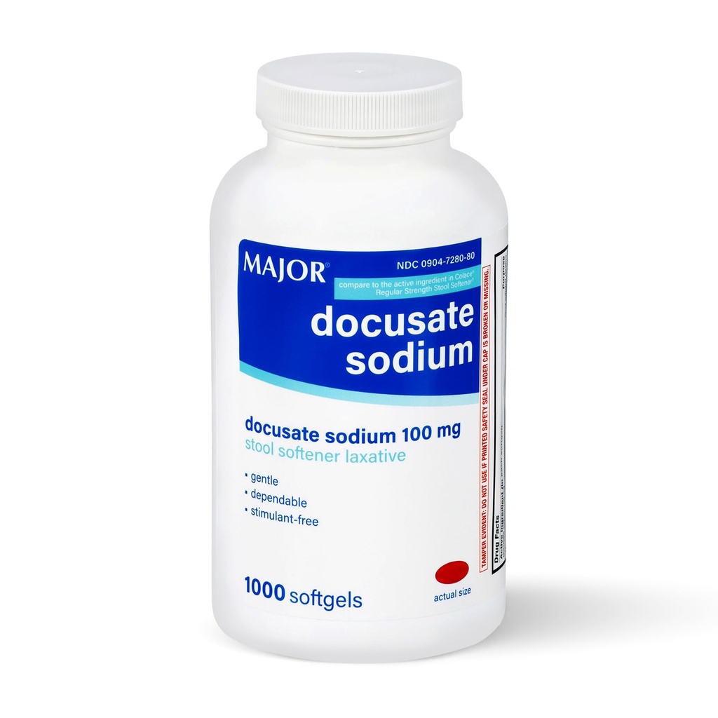 Docusato de sódio MAJOR 100mg, amolecedor de fezes laxante para alívio ocasional da constipação - suave, confiável, estimulante-livre, 1000 Softgels