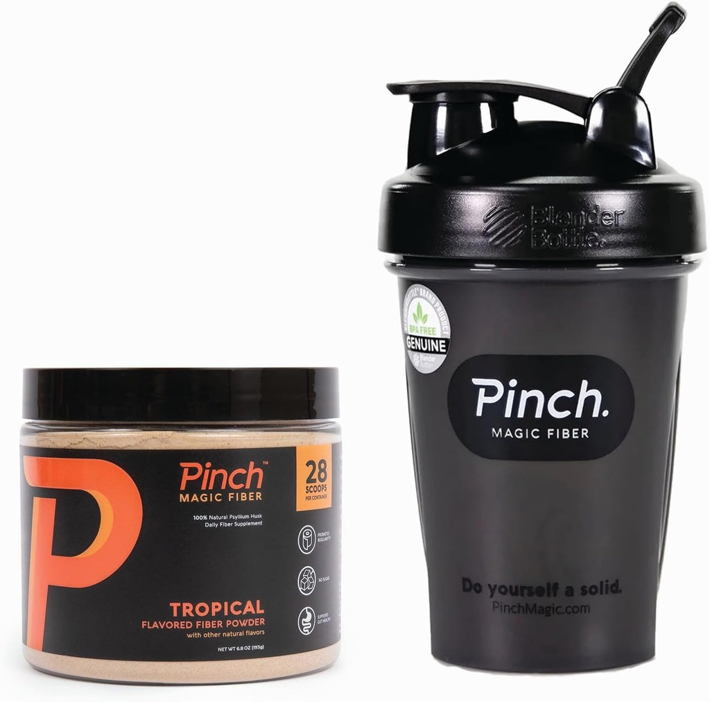 Pinch Magic Fiber & Shaker Combo Prebiótico Suplemento de fibra para a saúde digestiva, Keto, Vegan, livre de açúcar, Inclui Shaker BPA-Free para mistura suave e viagem