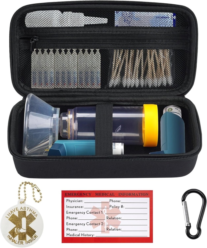 YouKe Travel Carrying Case for Asthma Inhaler, Inhaler Spacer for Adults and Children, Mask, Inhaler Holder with Asthma Warning Label and Medical Card, with Carabiner (Case Only) (Black)