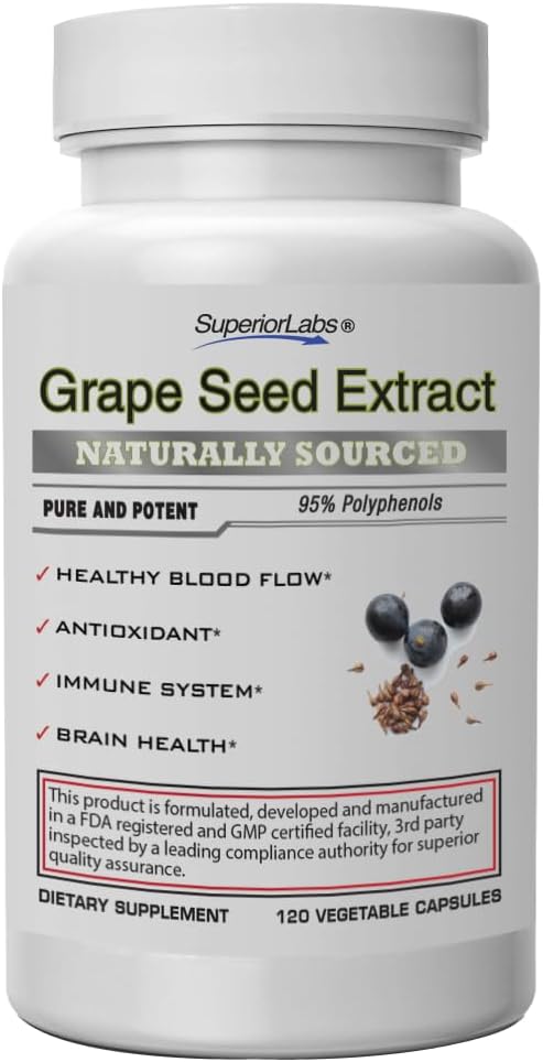 Extrato Superior de Sementes de Uva de Laboratório, 400mg, 120 Cápsulas Vegetais, 95% Polifenóis, Alto Conteúdo Antioxidante, Fluxo de Sangue Saudável, Suporta Sistema Imune e Saúde do Cérebro