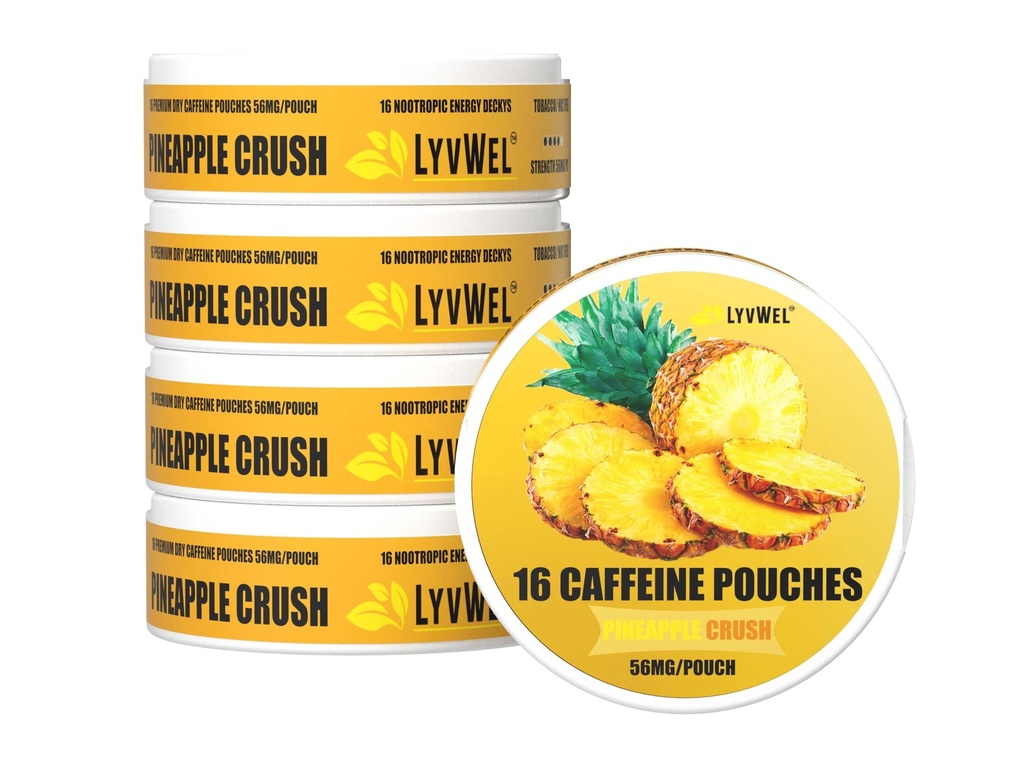 LyvWel 56mg Caffeine Energy Pouches – Abacaxi – Energia Limpa e Foco Boost com Guarana – 5-Pack com 16 Pouches Por Can (80 Total Pouches)