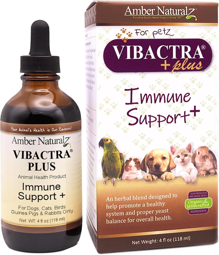 Amber NaturalZ Vibactra Plus Suplemento de ervas para cães, gatos, pássaros, porcos da Guiné, e coelhos, ervas para saúde imunitária e equilíbrio de leveduras