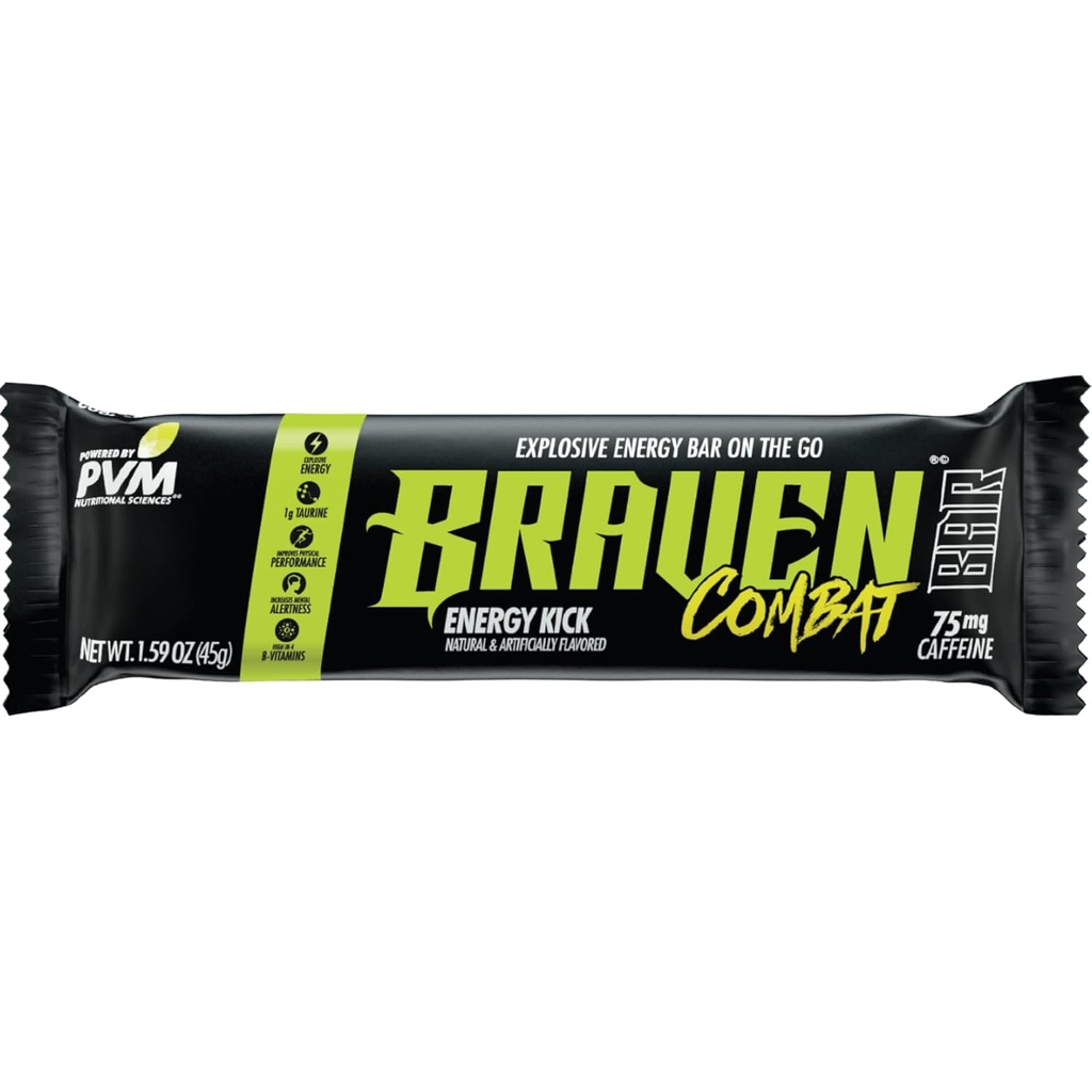 Braven Combat Energy Kick Energy Bares com Cafeína (1.59 oz, pacote de 20) – Bares de Energia On-The-Go com 75mg Cafeína – Lanches de Energia Glúten Livre – Alternativa para Mastigar Energia com Cafeína