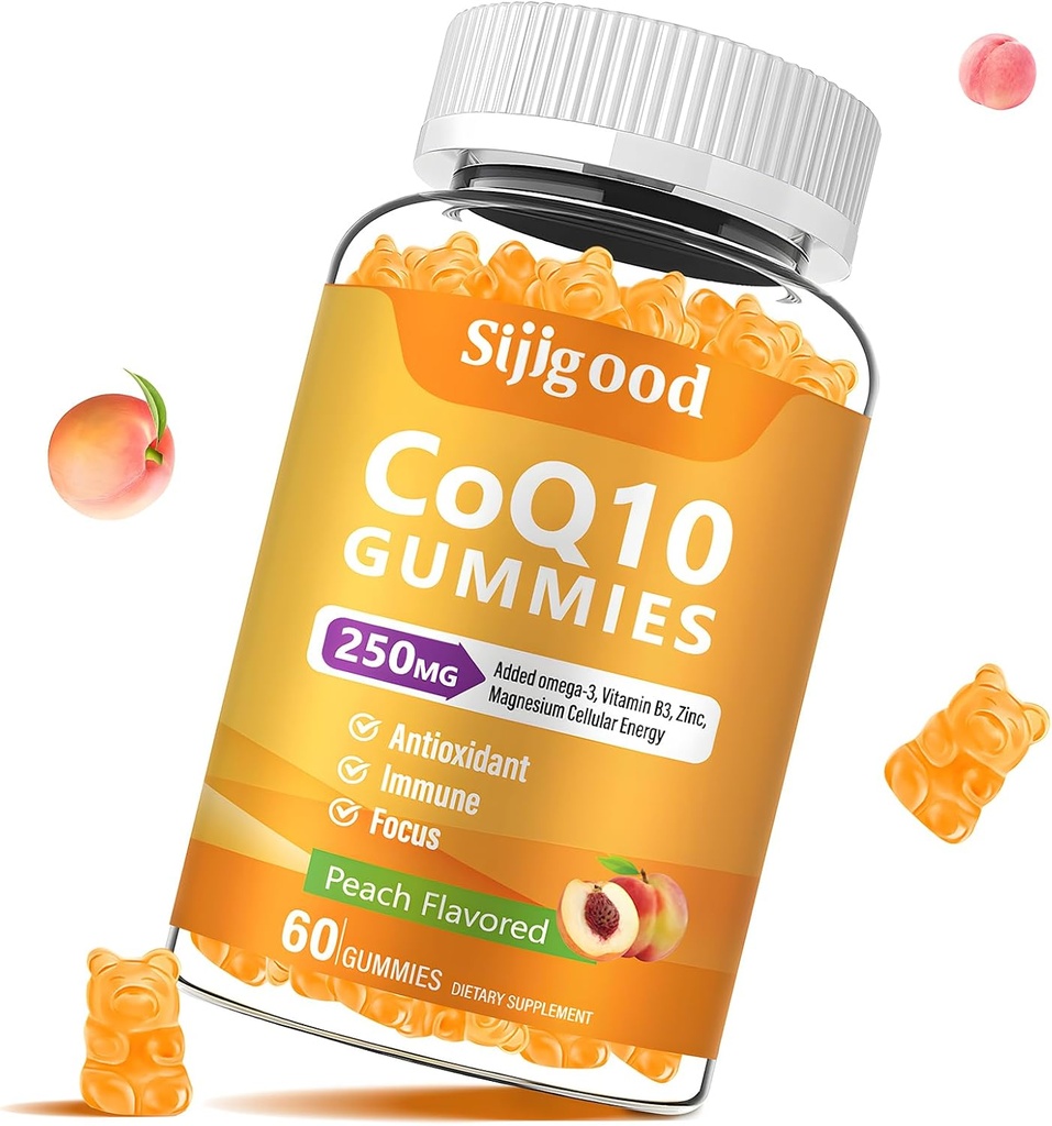 Pastilhas CoQ10 sem açúcar, além de Omega-3, vitamina B3 e zinco, magnésio, 5X alta absorção Coenzima Q10 Suplementos, q10 Boost Cellular Energy, potente antioxidante e cérebro, sabor de pêssego, 60 Cts