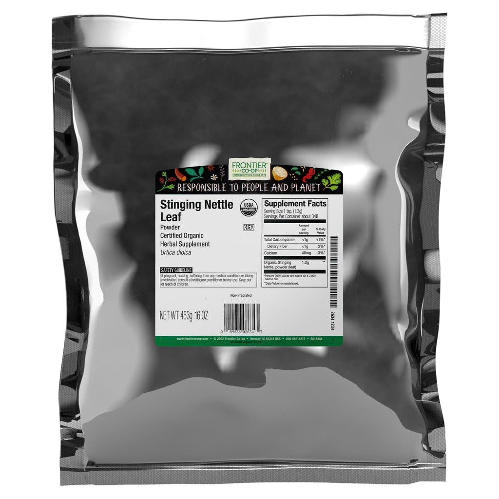 Coop Frontier Organic Ground Stinging Nettle Leaf, Dried Nettle Leaf Powder, Kosher 16 Ounce (Pacote de 1)