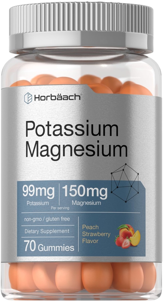 Horbäach Potássio Suplemento Gummies de magnésio Pêssego Flavor de Morango, 70 Contagem Vegan, Não-GMO, e Gluten Free Formula