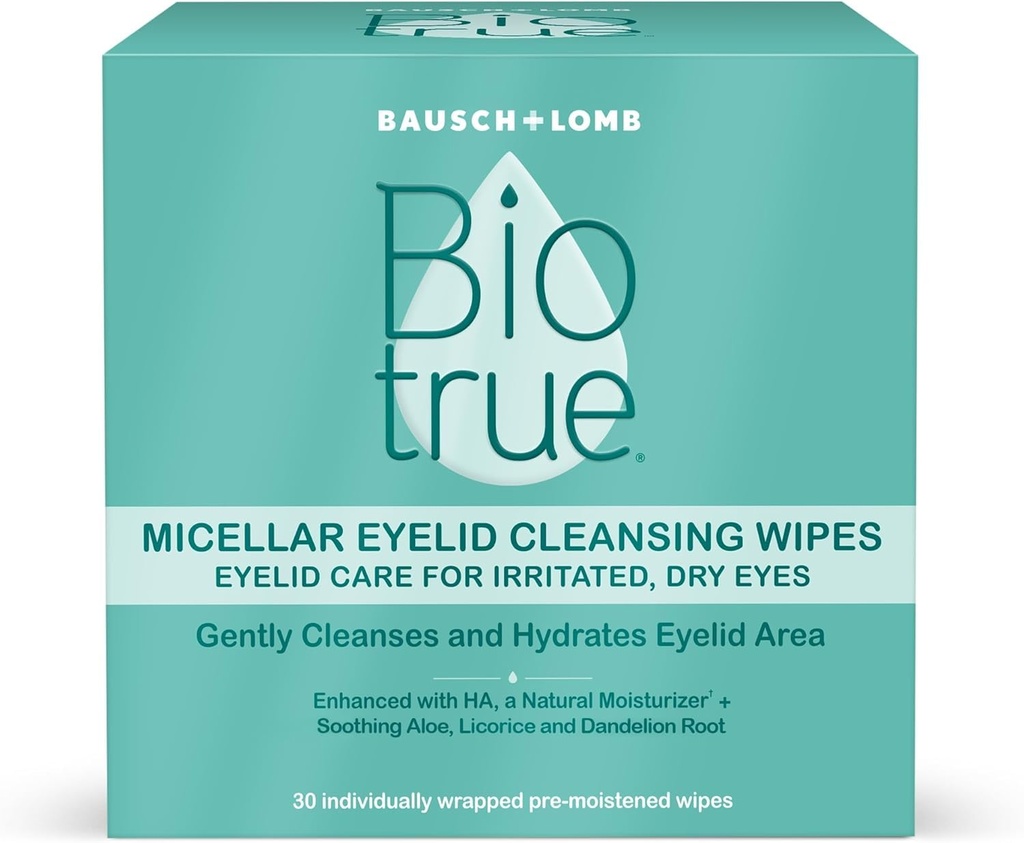Biotrue Micellar Cuidado com a pálpebra para limpeza de olhos irritados e secos, Bausch + Lomb, Multi, 30 Count