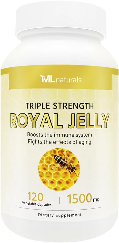 ML Naturals Royal Jelly 1500mg 120 Cápsulas Vegetais, Equivalente com 6% (27mg) 10-HDA. Congelado, sem glúten, certificado por NSF e compatível com cGMP