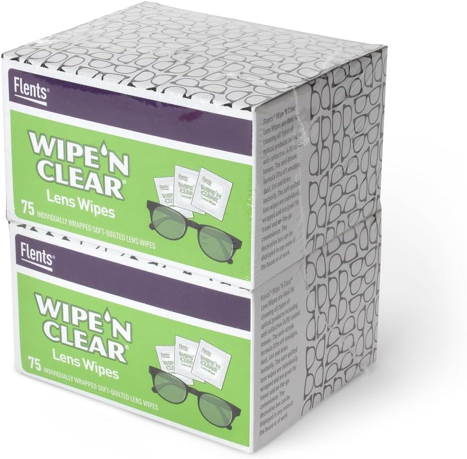 Lens flants, Wipe 'N Clear, 150 Count, pré-amigável, Streak-Free, seguro para óculos, óculos de sol, limpeza suave, visão clara, individualmente embrulhado para viagens e conveniência, feita nos EUA