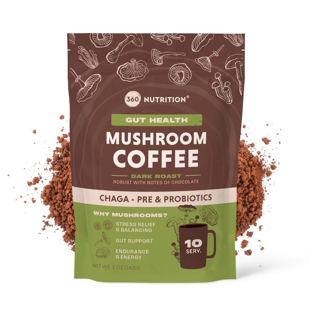 360 Nutrition Instant Mushroom Café com Chaga Superfood Cogumelo e Prebióticos, Probióticos para Gut Saúde, e Focus Support □ Roast escuro, Não adicionado açúcar 5 oz (Gut Mistura)