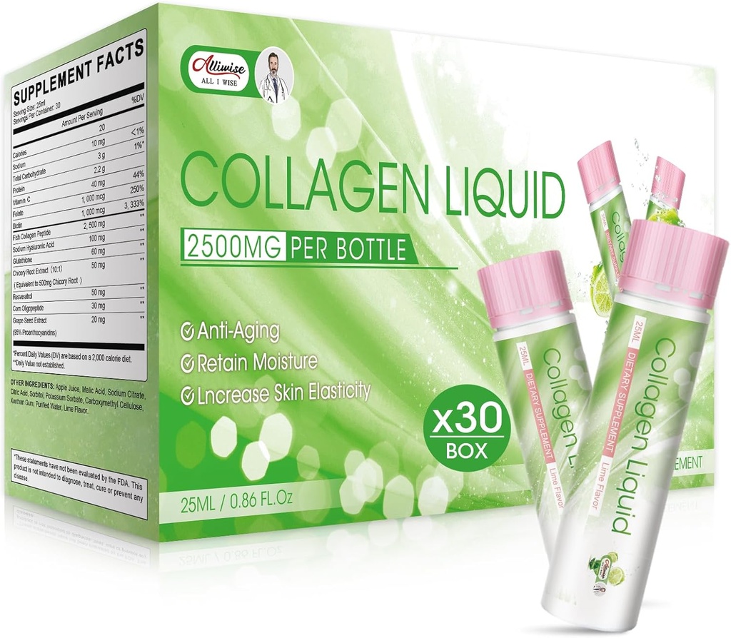 Colágeno Líquido para Mulheres, 2500mg Bebida de Colágeno de Beleza com Peptídeos de Colágeno Marinho Glutationa Anti-envelhecimento, Reter Humidade, Vitamina C e Biotina para revitalização da pele (Pacote de 30)-Lemon Flavor