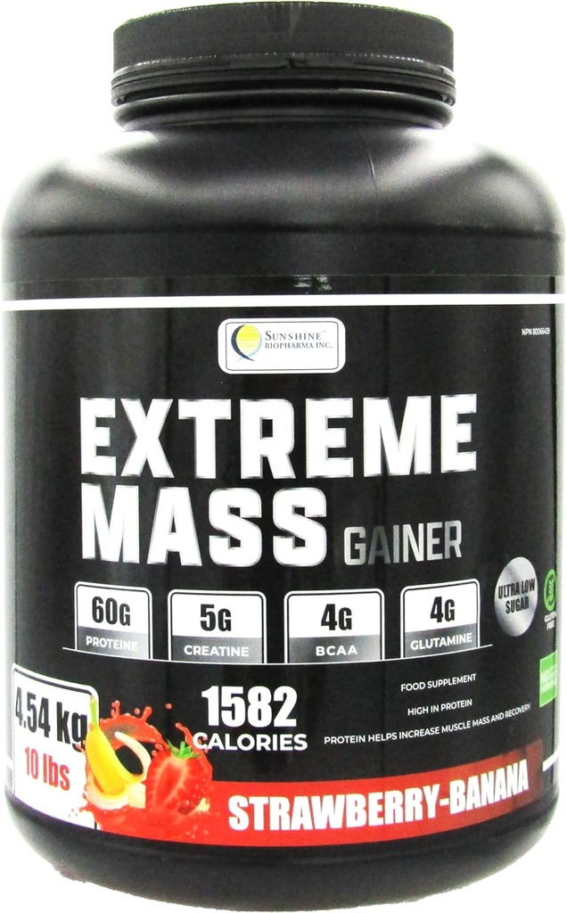 Extrema massa peso Gainer Muscle Builder, 10 lb (4.54 kg) com menos açúcar para treino intenso feito de alta caloria Fortificado soro proteína (Strawberry-Banana)
