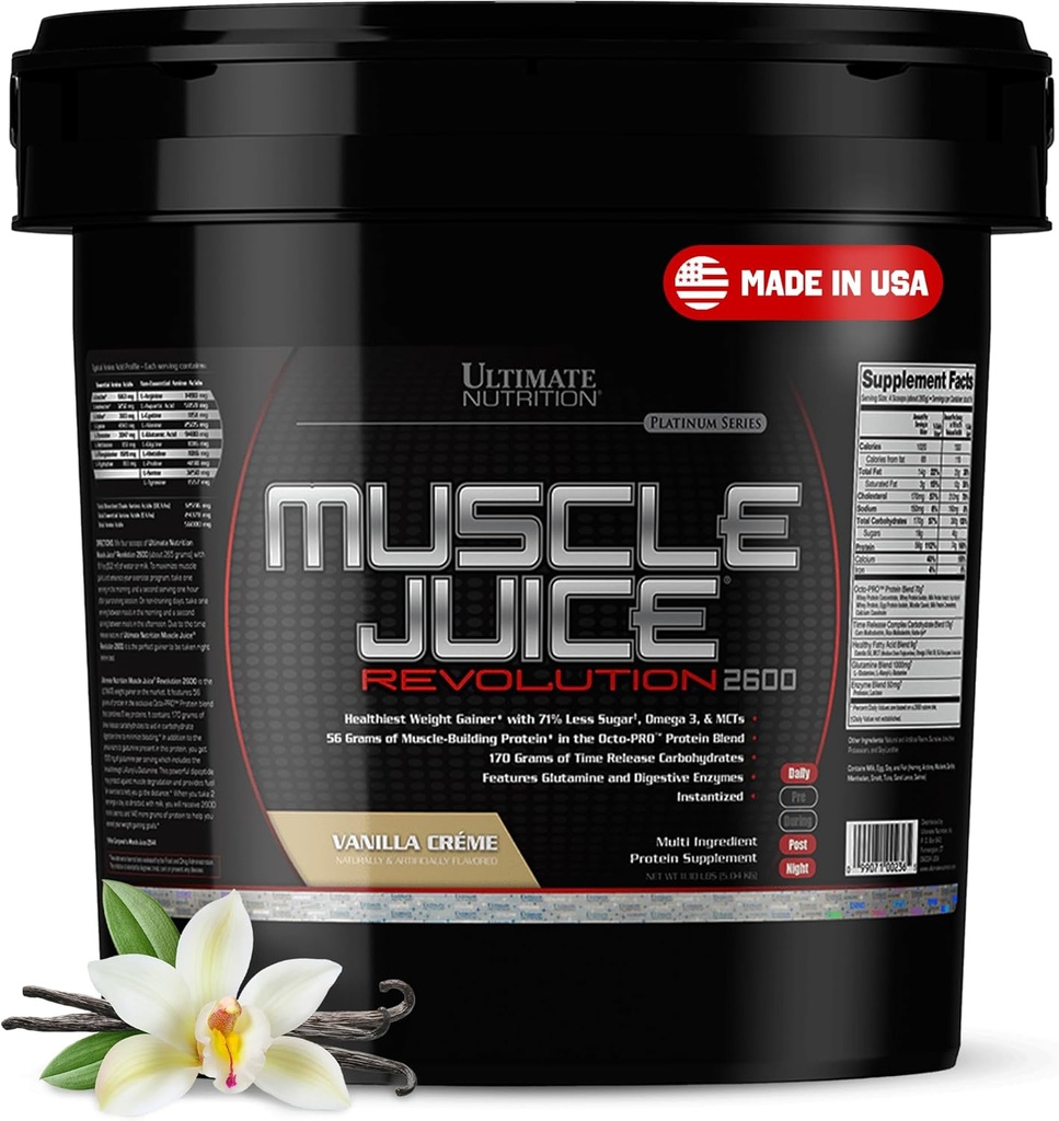 Ultimate Nutrition Muscle Juice 2600 Revolução, Peso Ganhar bebida Mix - massa Gainer exercício em pó suplemento para crescimento muscular Lean & Recuperação com 56g mistura de proteína - baunilha, 11.105lb