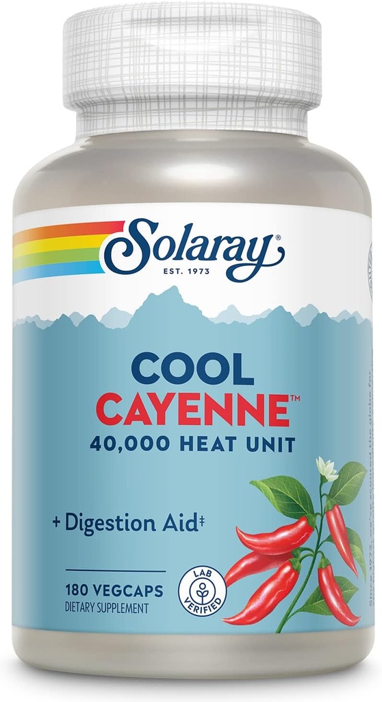 SOLARAY Cool Cayenne Pepper 40,000 HU, Cayenne Pepper Capsules, Digestion Aid, Bio-Cool Process, Lab Verified, 60-Day Money-Back Garantia, 90 Servings, 180 VegCaps