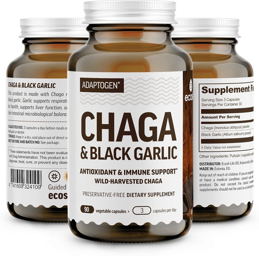 100% Real Wild Chaga Mushroom & Aged Black Alho em pó Cápsulas — Antioxidante & Imune Supplement Suplemento de suporte □ Floresta Nórdica Chaga Mushrooms com Alho Preto