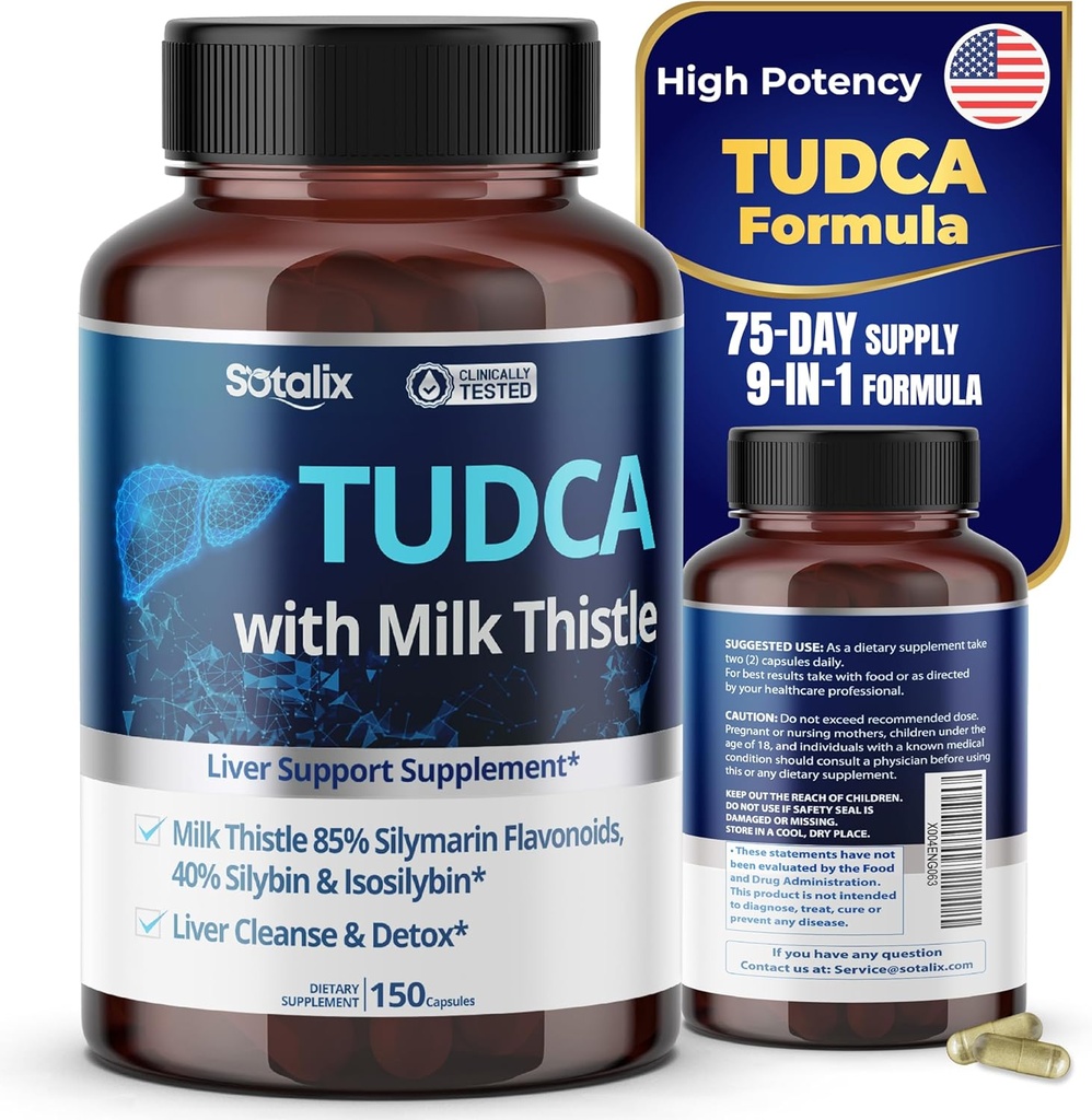 Suplemento TUDCA com cardo de leite – 85% de flavonoides silymarin – Suporta bem-estar do fígado e saúde digestiva – Feito nos EUA