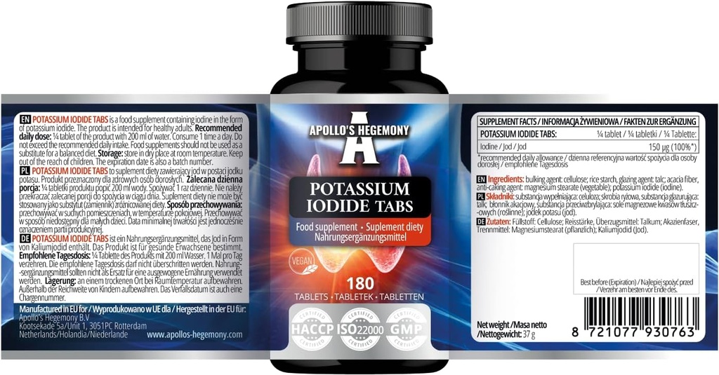 Iodeto de potássio 150 mcg por Porção - 180 Tablets Vegan - 720 Servimentos - para Função Gland Optimal e Metabolismo de Energia - Suplemento de dieta por Hegemonia de Apolo
