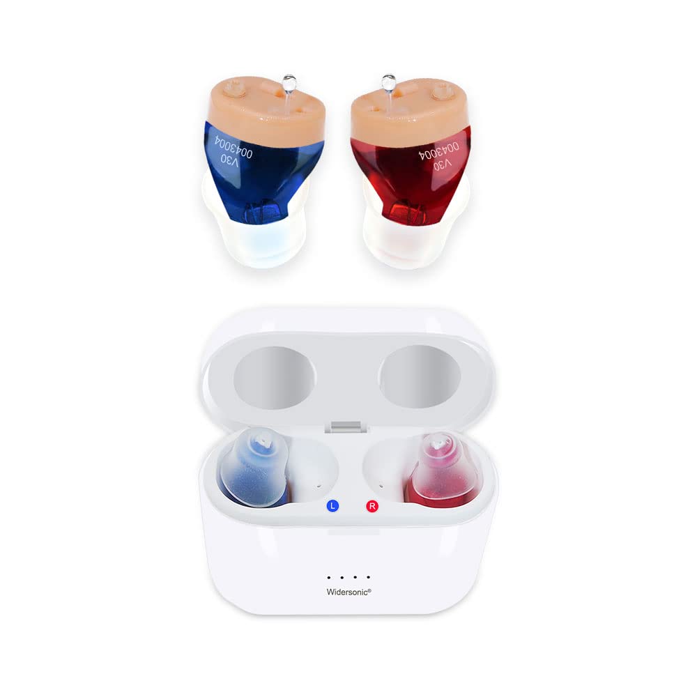Aparelhos auditivos recarregáveis para idosos e adultos, aparelhos auditivos invisíveis com cancelamento de ruído, aparelhos auditivos recarregáveis com armazenamento e carregamento Combo Portable Charging Case, Two Blue & Red