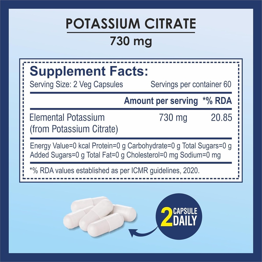 Citrato de potássio 730mg Suplemento, Suporta função renal e músculo saudável - 120 cápsulas vegetais