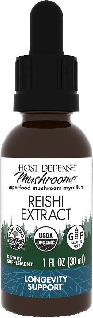 Host Defense Reishi Extract - Coração & Imune Health Support Supplement - Suplemento de Cogumelo para Apoiar Energia e Vitalidade - Suplemento de Reishi para Ajuda Geral Bem-Estar - 1 fl oz (30 Servings)*