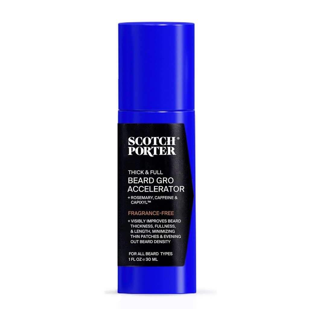 Scotch Porter Espesso & Completo Barba Gro Acelerador com Capixil, Cafeína e Rosemary – Estimula e fortalece folículos para uma barba mais grossa e mais completa – 1 oz