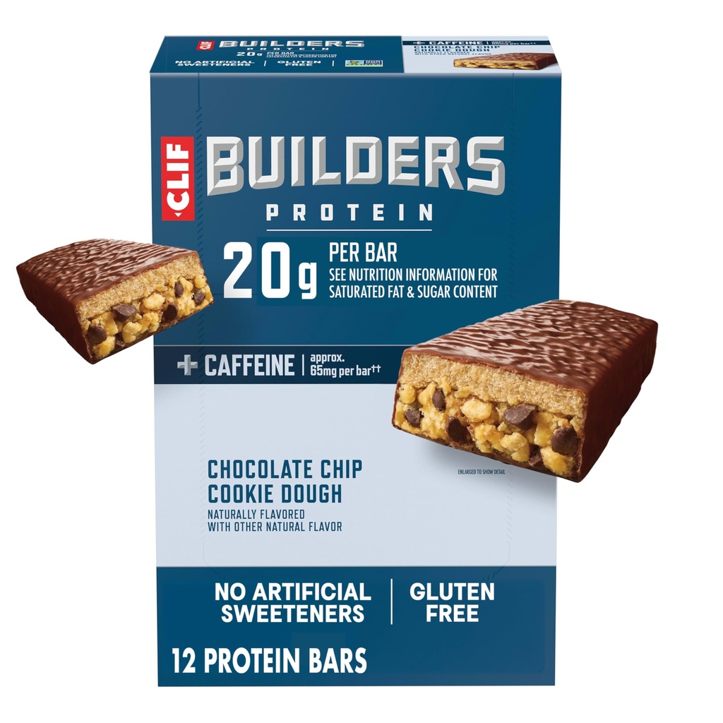 CLIF Builders + Barras de proteína de cafeína - Chocolate Chip Dough Flavor - 20g Proteína Baseada em Planta - Gluten Free - Não-GMO - Baixa Glicemia - Sem Adoçantes Artificiais - 2,4 onças (12 pacote)