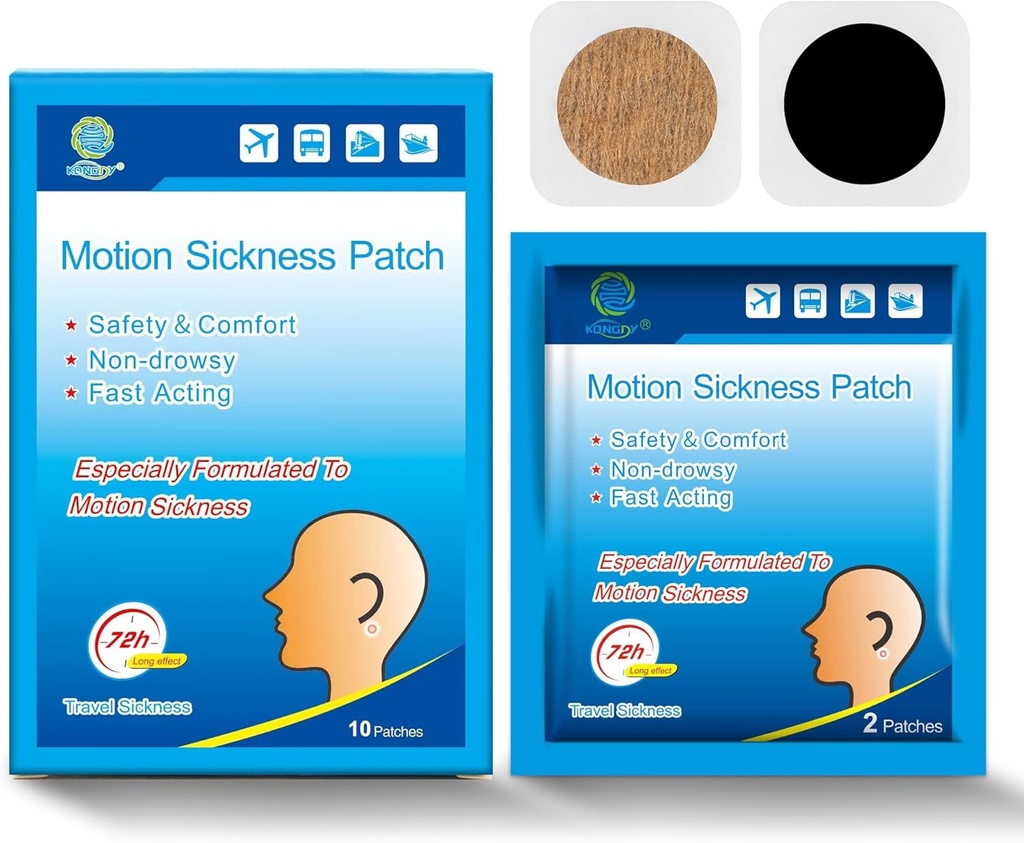 KONGDY 10 Condes Motion Sickness Patches for Kids Adults, Seasick Patch for Cruise from Travel with Waterproof and Non Drowsy, Sea Sickness Patches Behind Ear