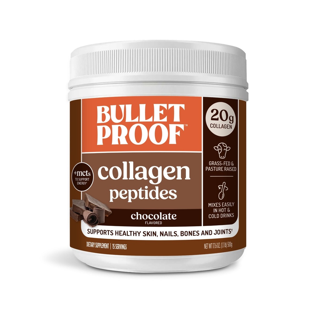 Pó de proteína de colagénio de chocolate à prova de balas com óleo MCT, 19g de proteína, 17.6 Oz, peptídeos de colágeno e aminoácidos para pele saudável, ossos e articulações, embalagem pode Vary