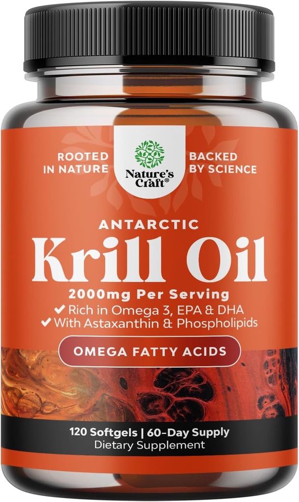 Óleo de Krill Antártico 2000mg Softgels Per Serving - Omega 3 Krill Oil Supplement with EPA DHA & Astaxantina - 3rd Party Lab Tested No Gluten OGM or Fishy Aftertaste - 2 Meses