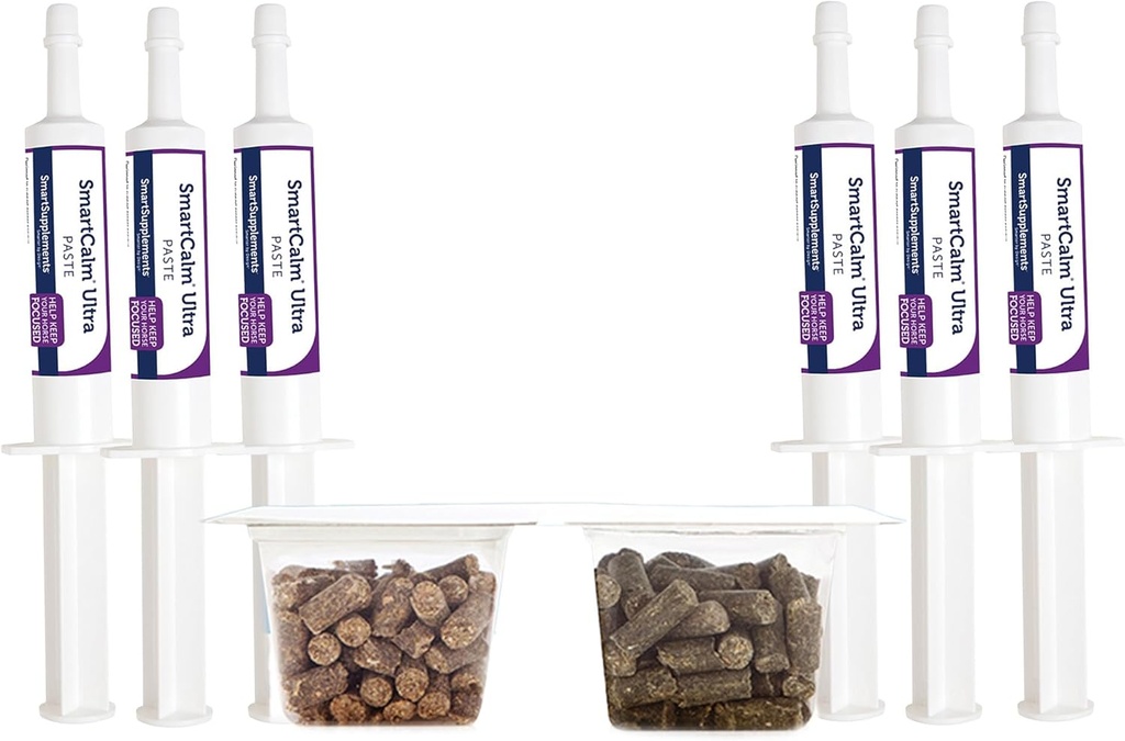 SmartEquine Stress Fácil & SmartCalm Ultra Colar 6 Tubos Pacote Não Adicionado Herbs ou Açúcar, Suplemento de Equino, Útil com cavalos Skittish