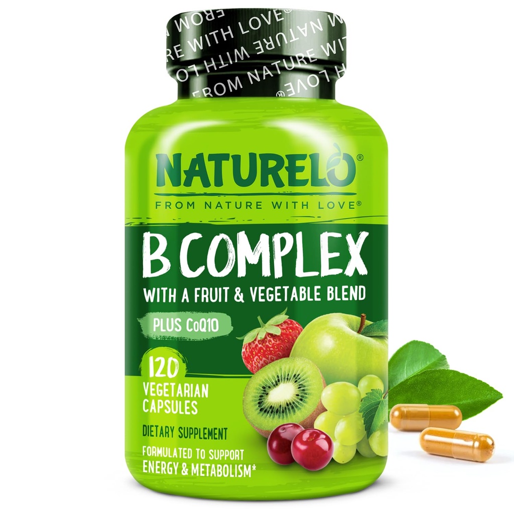 NATURELO Complexo de vitamina B,120 Cápsulas, Vegan, CoQ10, Folato de metilo, Biotina, Fruta & Veg Mistura, Suporta energia e saudável resposta ao estresse, Super B vitaminas complexas para mulheres e homens
