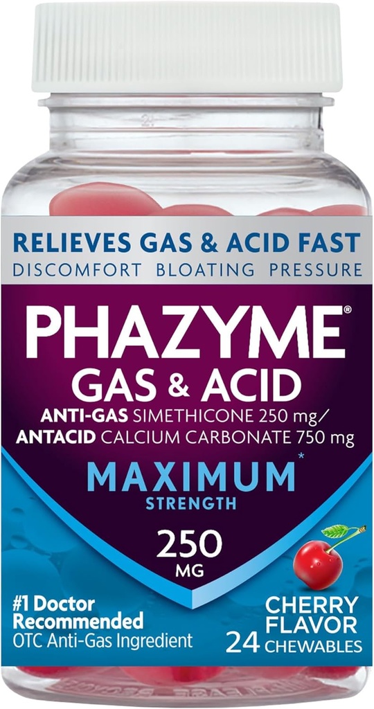Phazyme Máxima Força Gás & Alívio Ácido, Funciona Rápido, Flavor Cereja, 24 Mastigações (Packaging May Vary)