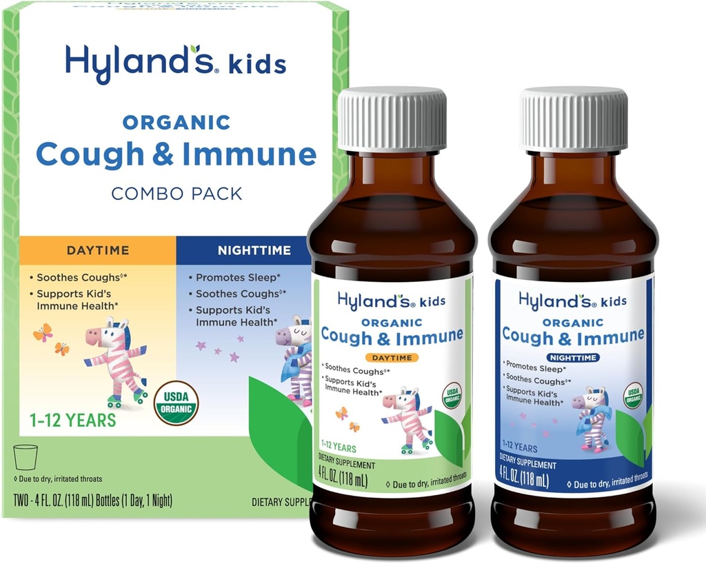 Hyland's Kids Organic Tosse and Immune Day and Night Combo Pack, Faases Tosse, Suporta Imunidade, Promove o Sono, Dois 4 Fl Oz. Garrafas (8 fl oz)