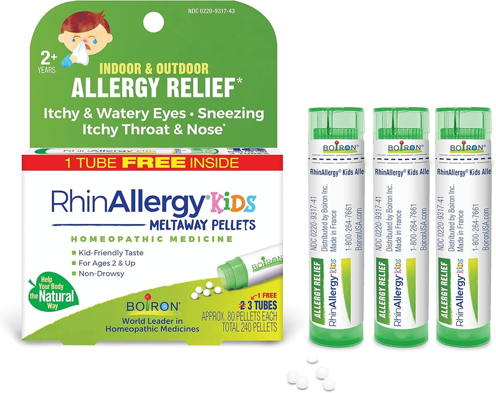 Boiron RhinAllergy Kids Pellets para alívio de sintomas de alergia de espirros, nariz runny, e comichão olhos ou garganta - 3 Conde (240 Pellets)