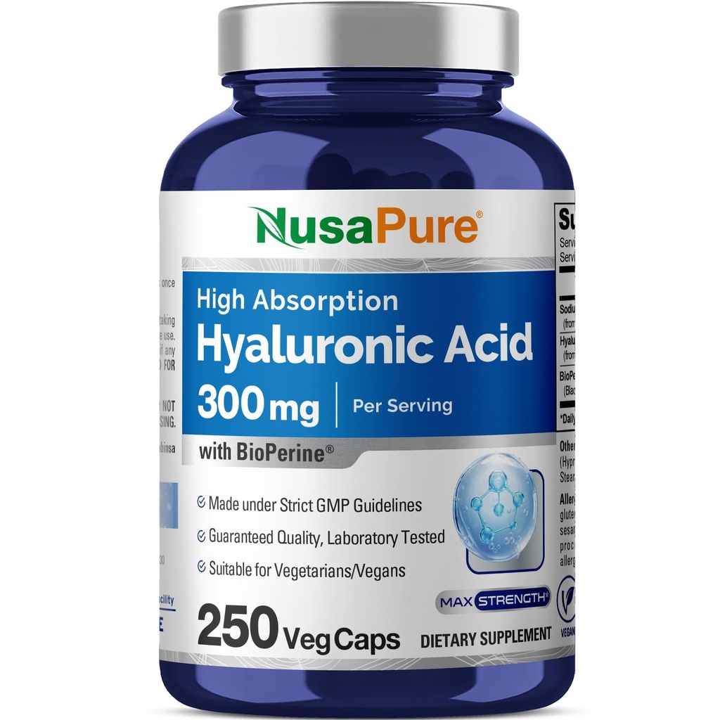 NusaPure Ácido Hialurônico 300mg 250 Cápsulas Veggie (Não-GMO, Vegan)