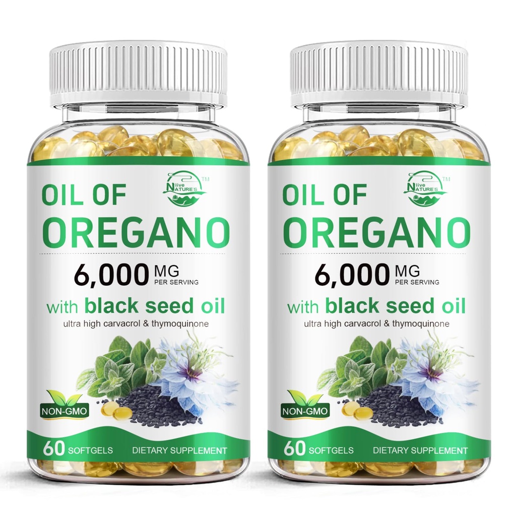 Óleo vivo da natureza de Orégano com óleo de semente preta, 2 em 1 Suplemento de Orégano para a saúde imunitária, contém Carvacrol altamente concentrado e timoquinona, não-GMO, 60 Softgels, 2 Pack