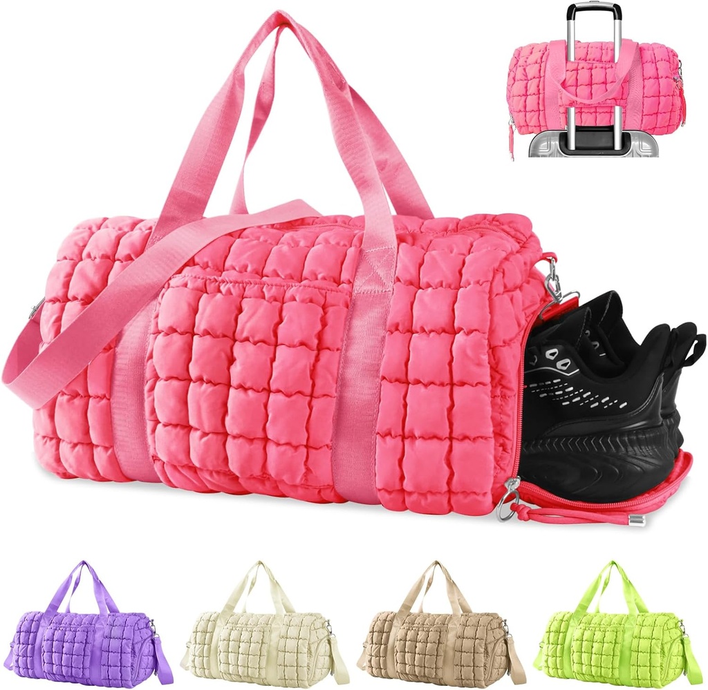 Duffle Bolsa de Ginástica Acolchoada para Mulheres, Bolsa de Duffle para Viajar com Sapatos Compartimento, Sacos Weekender Puffer Overnight Carregar em Bolsa com manga de trolley para aviões,Itens pessoais Sports Duffel Dance Bag (Pink)