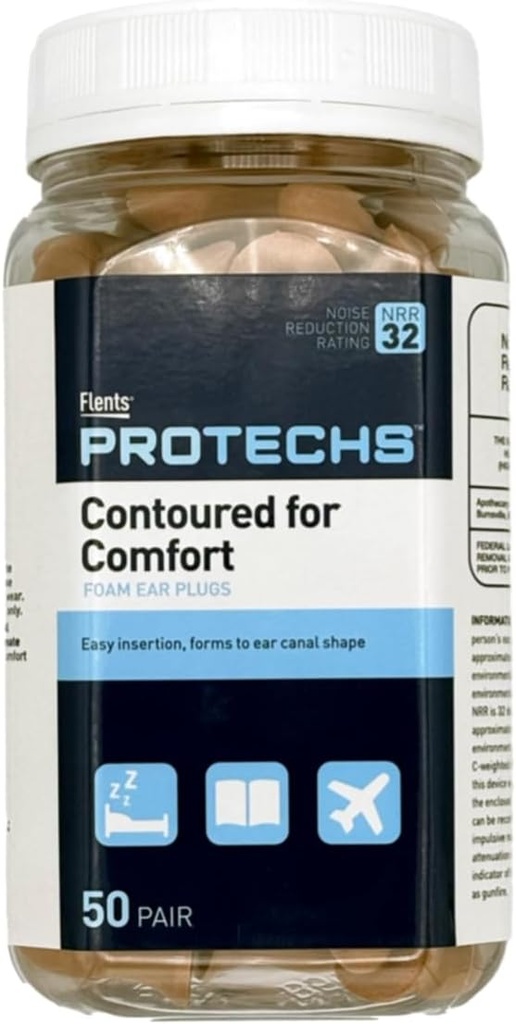 Flents Protechs Tampões descartáveis de ouvido espuma, Contoured para o conforto, Ideal para o trabalho, Barulho alto, Máquinas pesadas, Construção, Estudo, Tiro e Viagens, NRR 32, Bege, Fácil de usar, 50 Pair