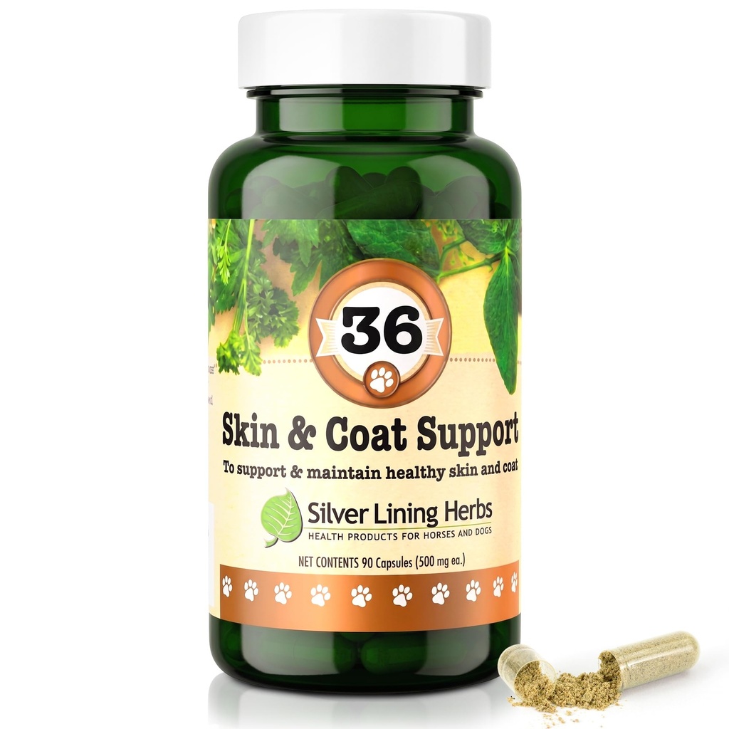 Silver Lining Herbs 36 Canine Skin & Coat Support - Suplemento de ervas naturais para fortalecer cães contra o ambiente - Herbal Skin and Coat Supplement for Dogs - 90 Cápsulas