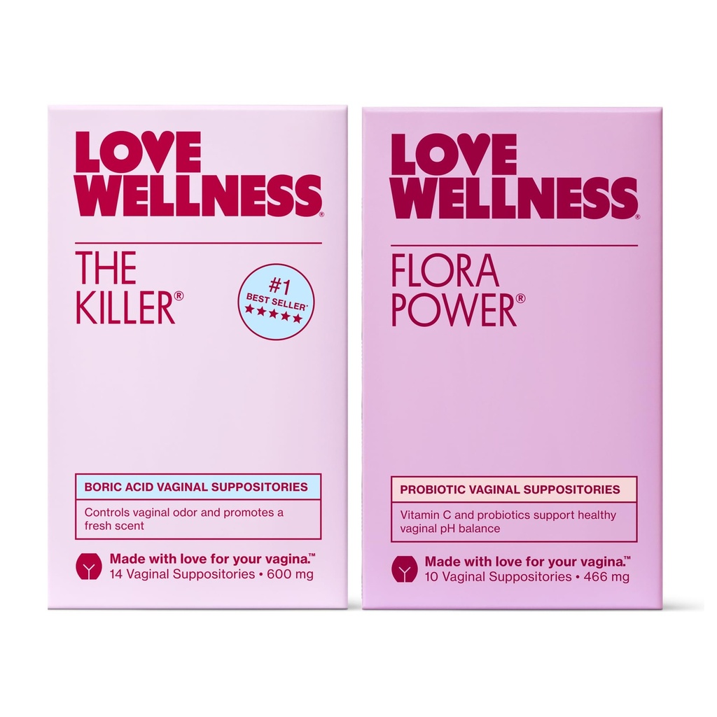 Amor Bem-Estar O assassino & Flora Poder Vaginal Supositório Duo com ácido bórico, Probióticos & Vitamina C Suporta equilíbrio de pH, Odor Controle & Saúde Feminina