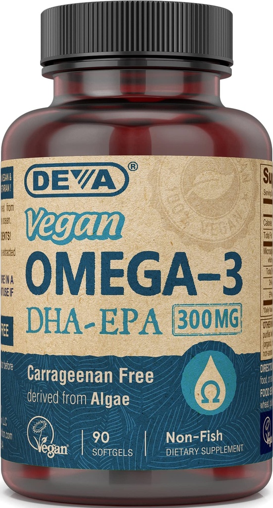 DEVA Vegan Omega-3 DHA-EPA 300MG – Sem Carrageenan, Não-peixe óleo derivado de algas, Não-GMO, 90 Gelatin-Free Softgels