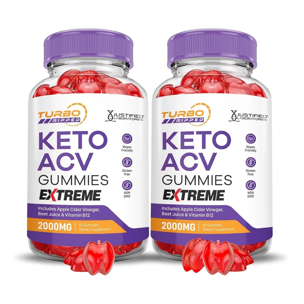 Laboratórios Justificados (2 Pacote Turbo Ripped Keto ACV Gummies Extreme 2000MG Turbo Ripped Keto Gummies Apple Cider Vinagre Formulado com Suco de beterraba de romã B12 Vegan Non GMO 120 Gummys