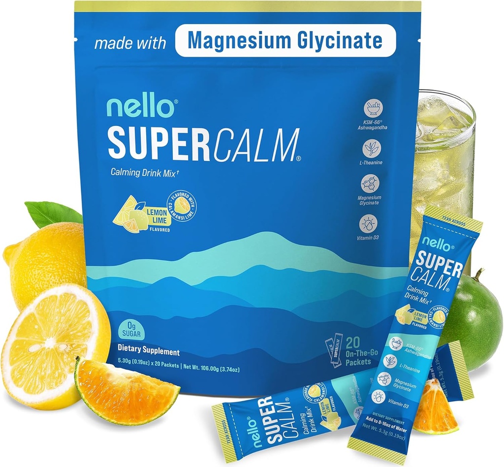 Nello Supercalm Drink Mix - Ashwagandha KSM 66, Magnésio Glycinate & L-Theanina Supplement, Vitamina D3 - Ashwagandha Root Extract - Foco e Relaxação Suporte (20 pacotes de viagem) - Limão